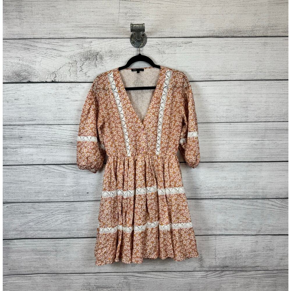 Maje Peach Floral Mini Dress with White Lace Trim